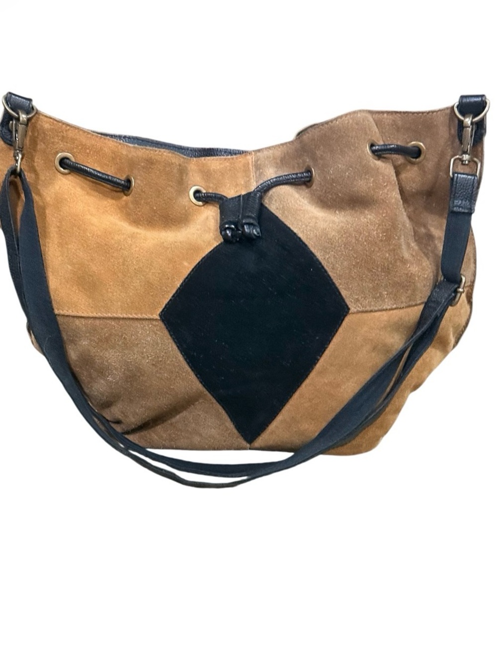Free People Suede Patchwork Drawstring Hobo Bag Tan Black Boho